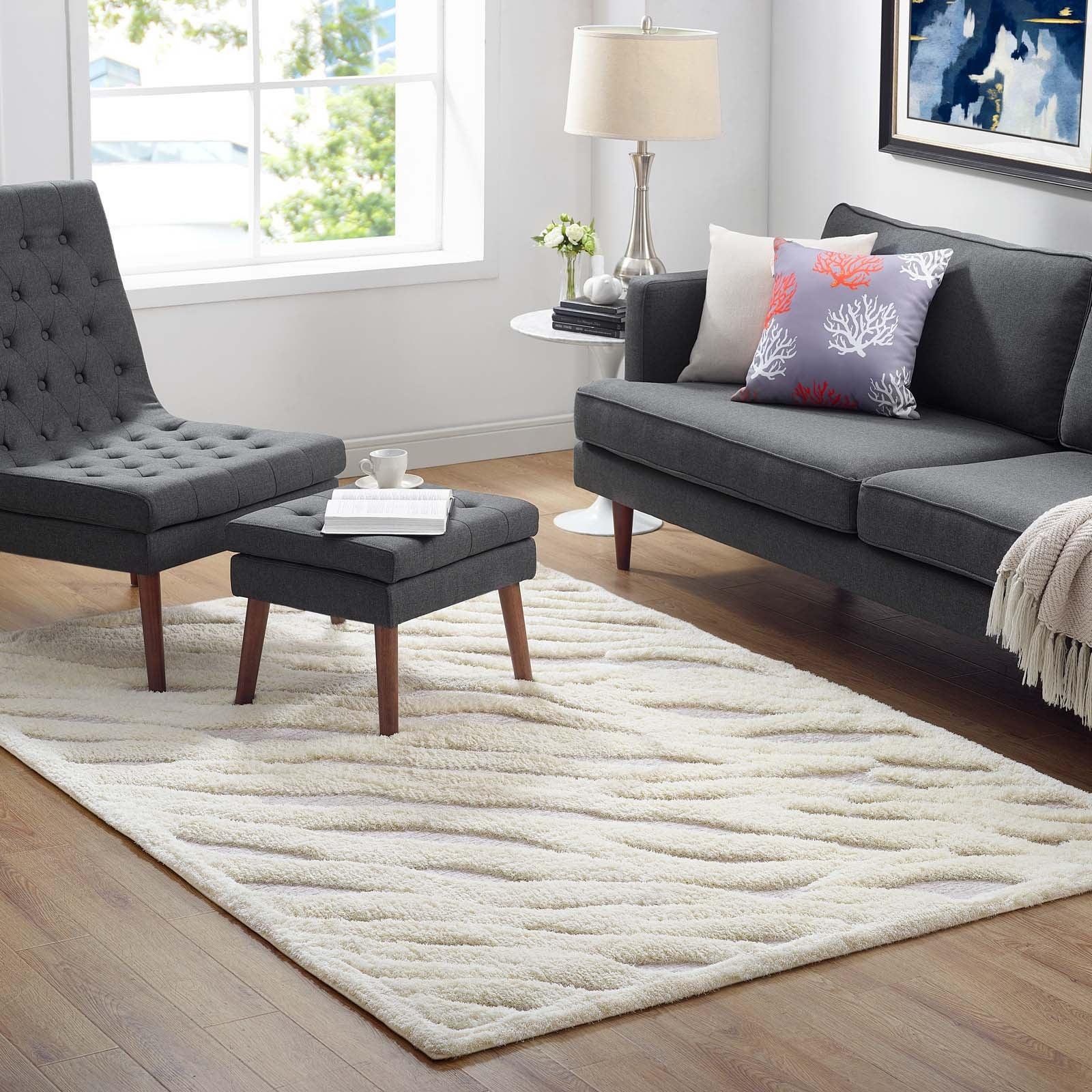 Modway Whimsical Current Abstract Wavy Striped Shag Area Rug FredCo