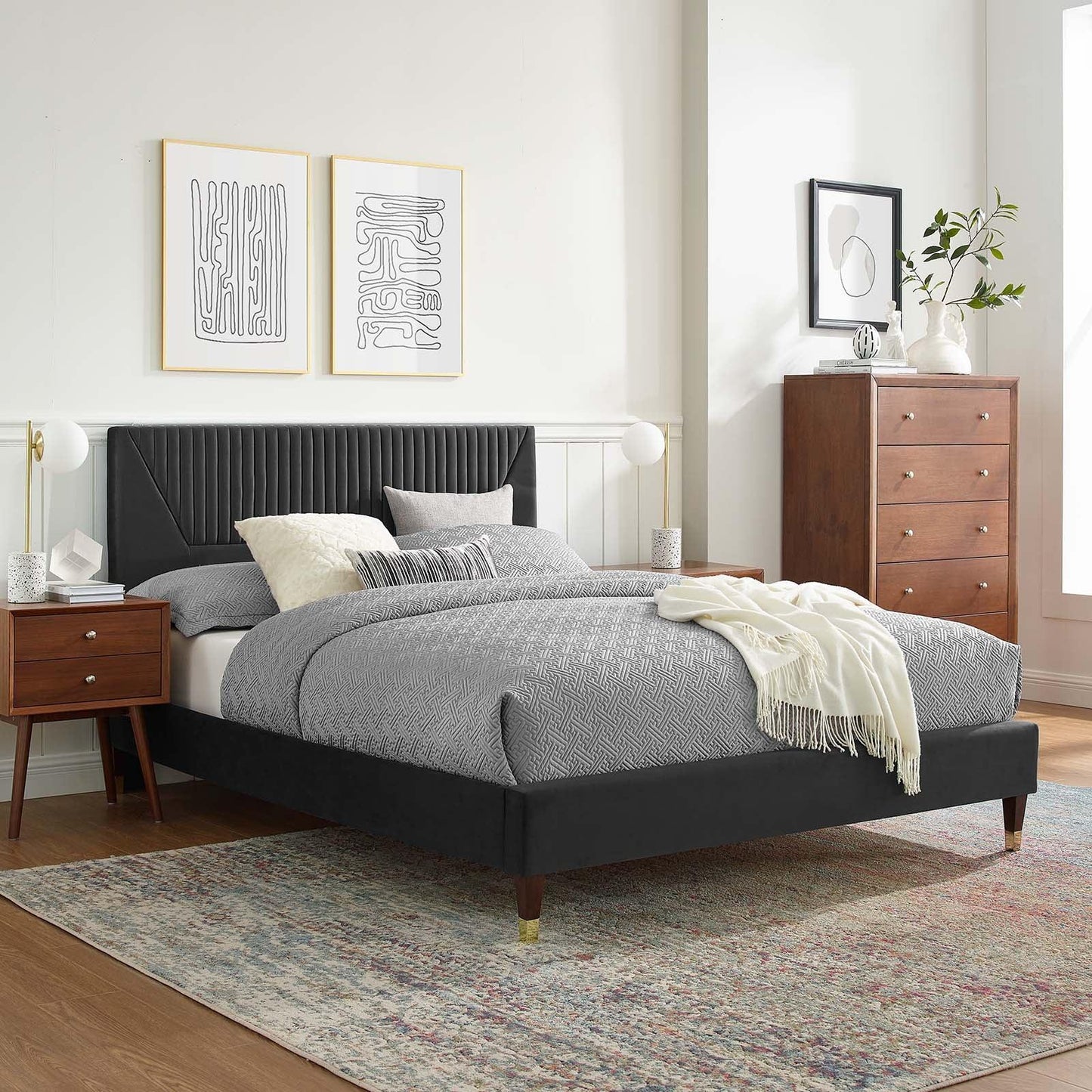 Modway Yasmine Channel Tufted Performance Velvet Queen Platform Bed FredCo