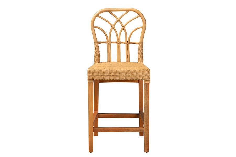 Monaco Modern Bohemian Natural Rattan and Mahogany Wood Counter Stool FredCo