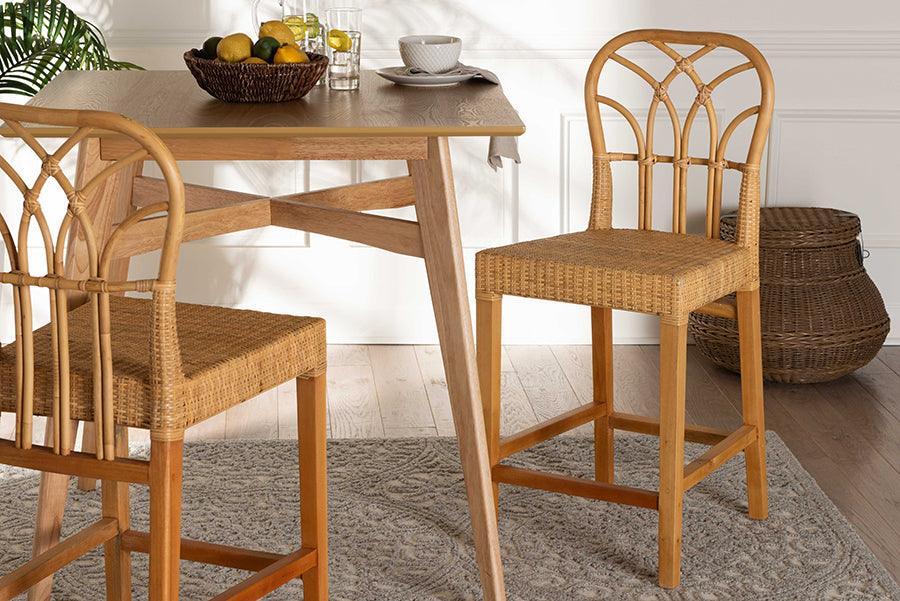 Monaco Modern Bohemian Natural Rattan and Mahogany Wood Counter Stool FredCo