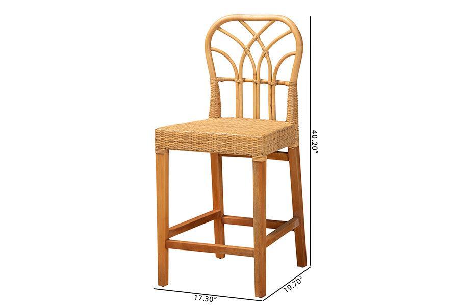 Monaco Modern Bohemian Natural Rattan and Mahogany Wood Counter Stool FredCo