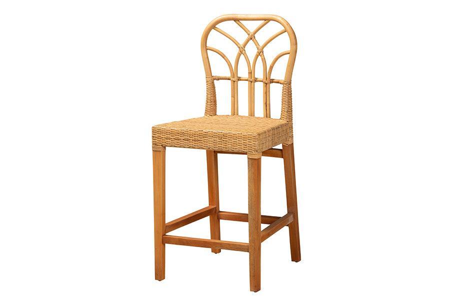 Monaco Modern Bohemian Natural Rattan and Mahogany Wood Counter Stool FredCo