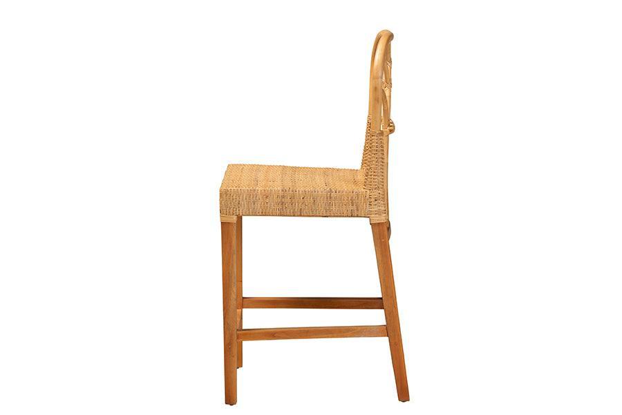 Monaco Modern Bohemian Natural Rattan and Mahogany Wood Counter Stool FredCo