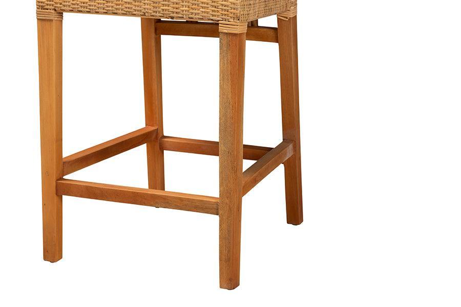 Monaco Modern Bohemian Natural Rattan and Mahogany Wood Counter Stool FredCo