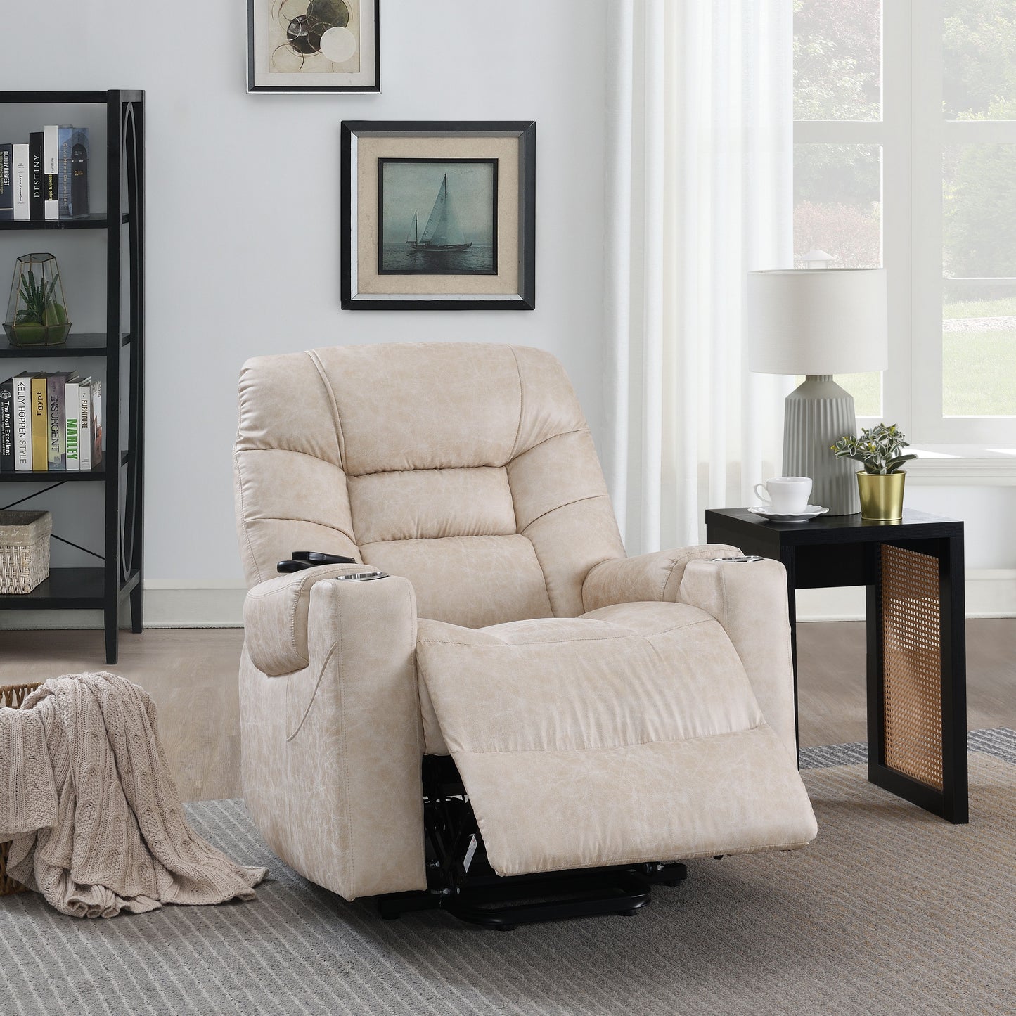 Nairi Ivory Leather Aire Power Motion Recliner with Lift, Heating & Massage Function FredCo