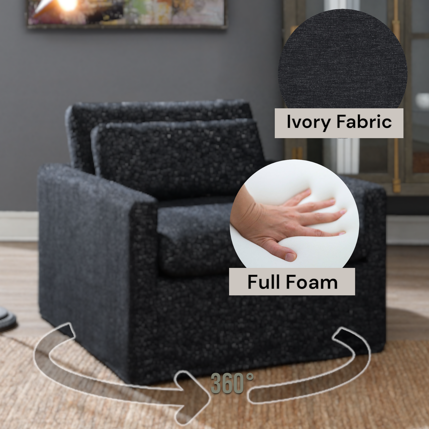 Naveen Dark Gray Fabric Swivel Chair with 1 Toss Pillow FredCo