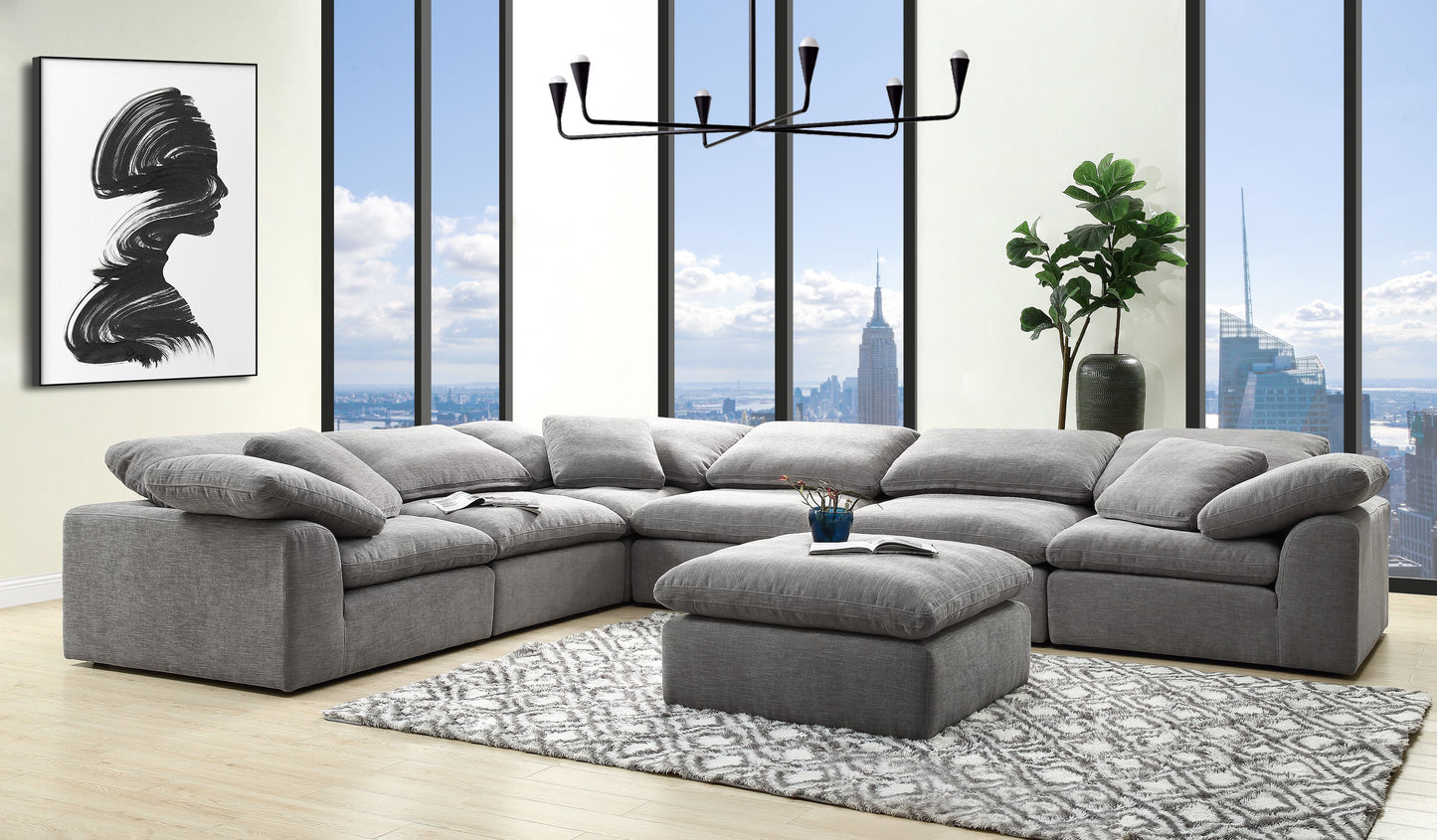 Naveen Gray Linen Modular 7 Piece Sectional Sofa with Ottoman FredCo