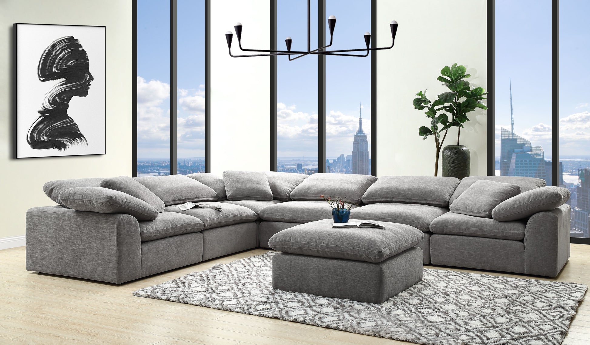 Naveen Gray Linen Modular 7 Piece Sectional Sofa with Ottoman FredCo