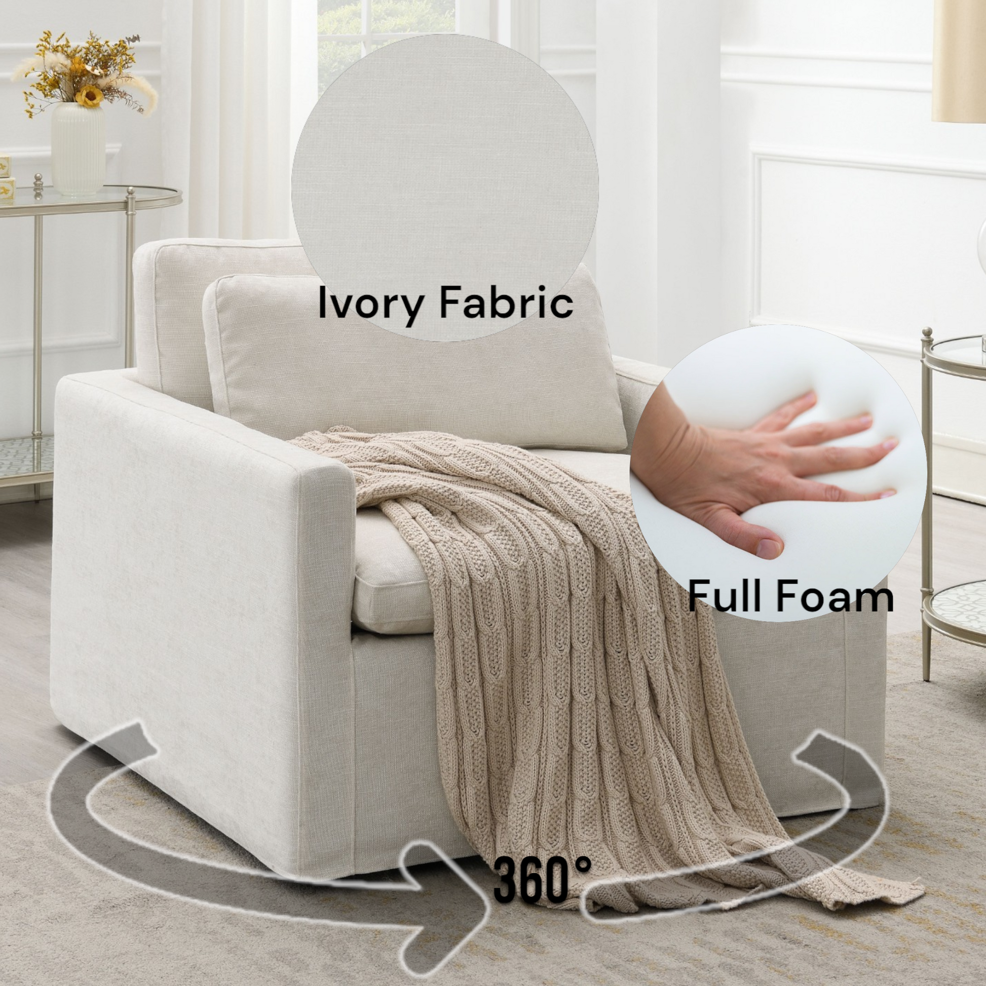 Naveen Ivory Fabric Swivel Chair with 1 Toss Pillow FredCo