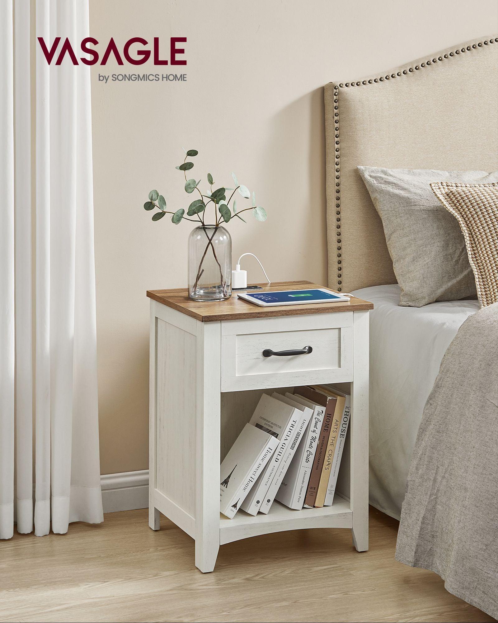 Nightstand with Charging Station and Open Compartment Rustic White and Honey Brown FredCo