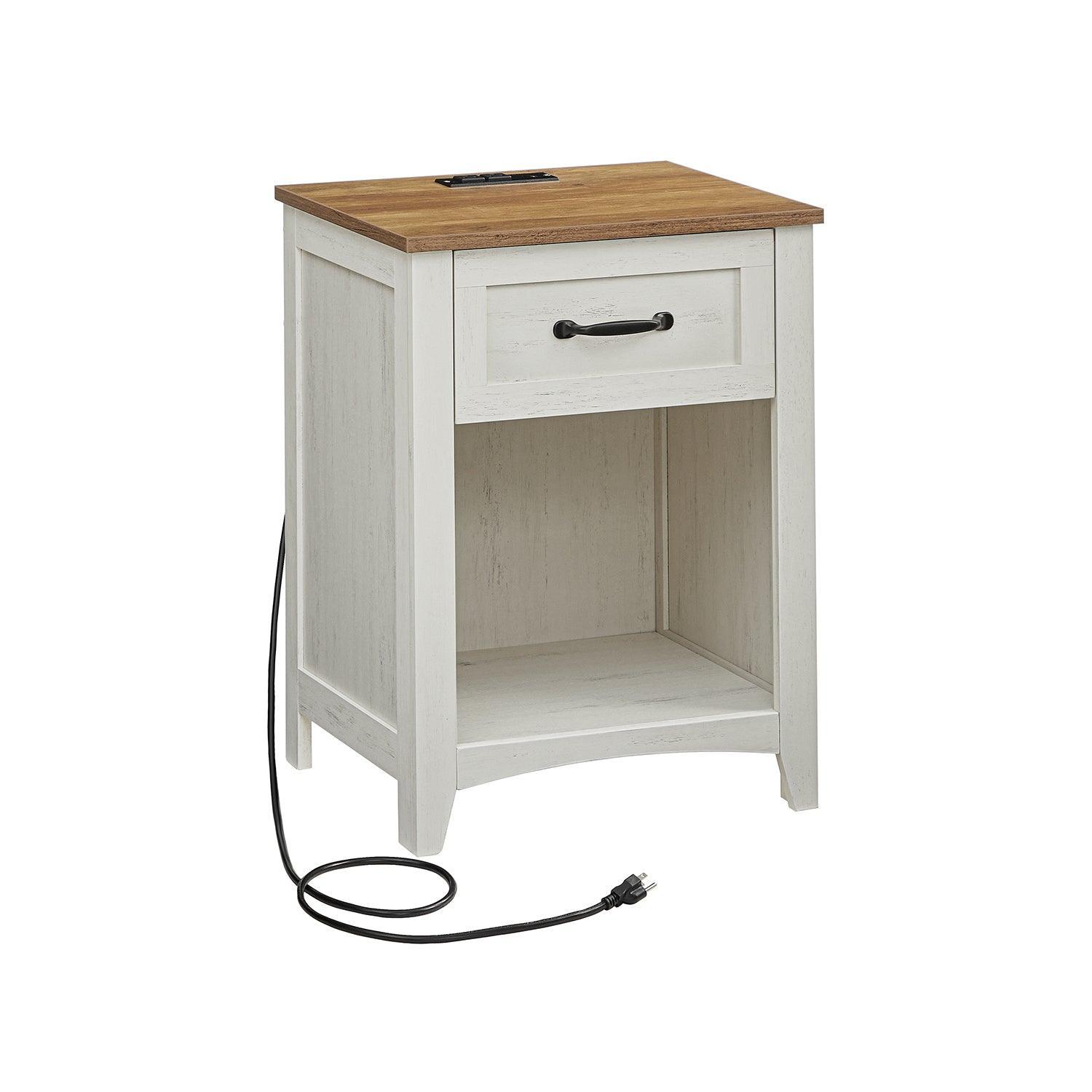 Nightstand with Charging Station and Open Compartment Rustic White and Honey Brown FredCo