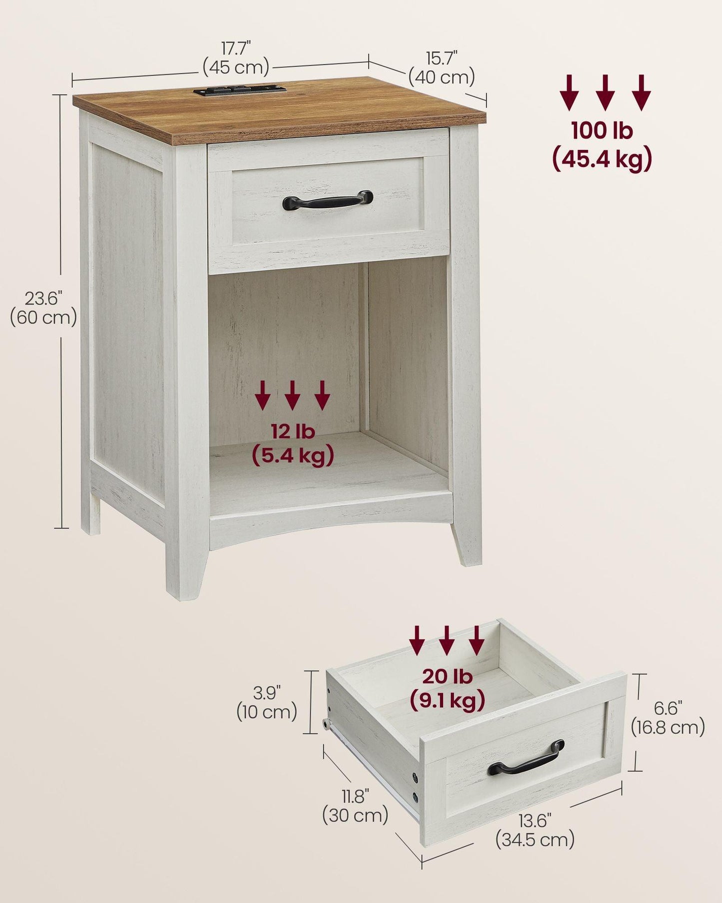 Nightstand with Charging Station and Open Compartment Rustic White and Honey Brown FredCo