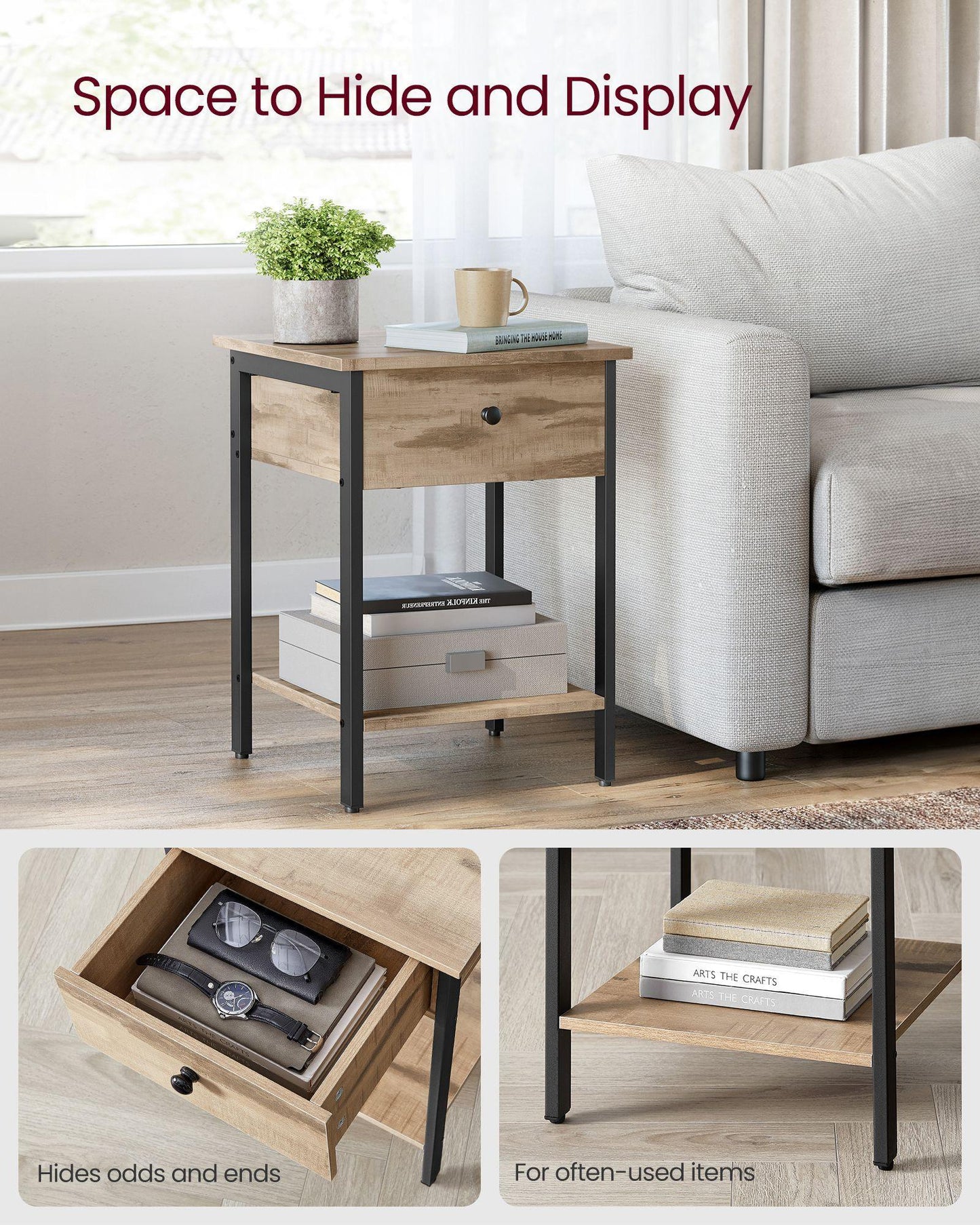 Nightstand with Drawer and Shelf Camel Brown and Black FredCo