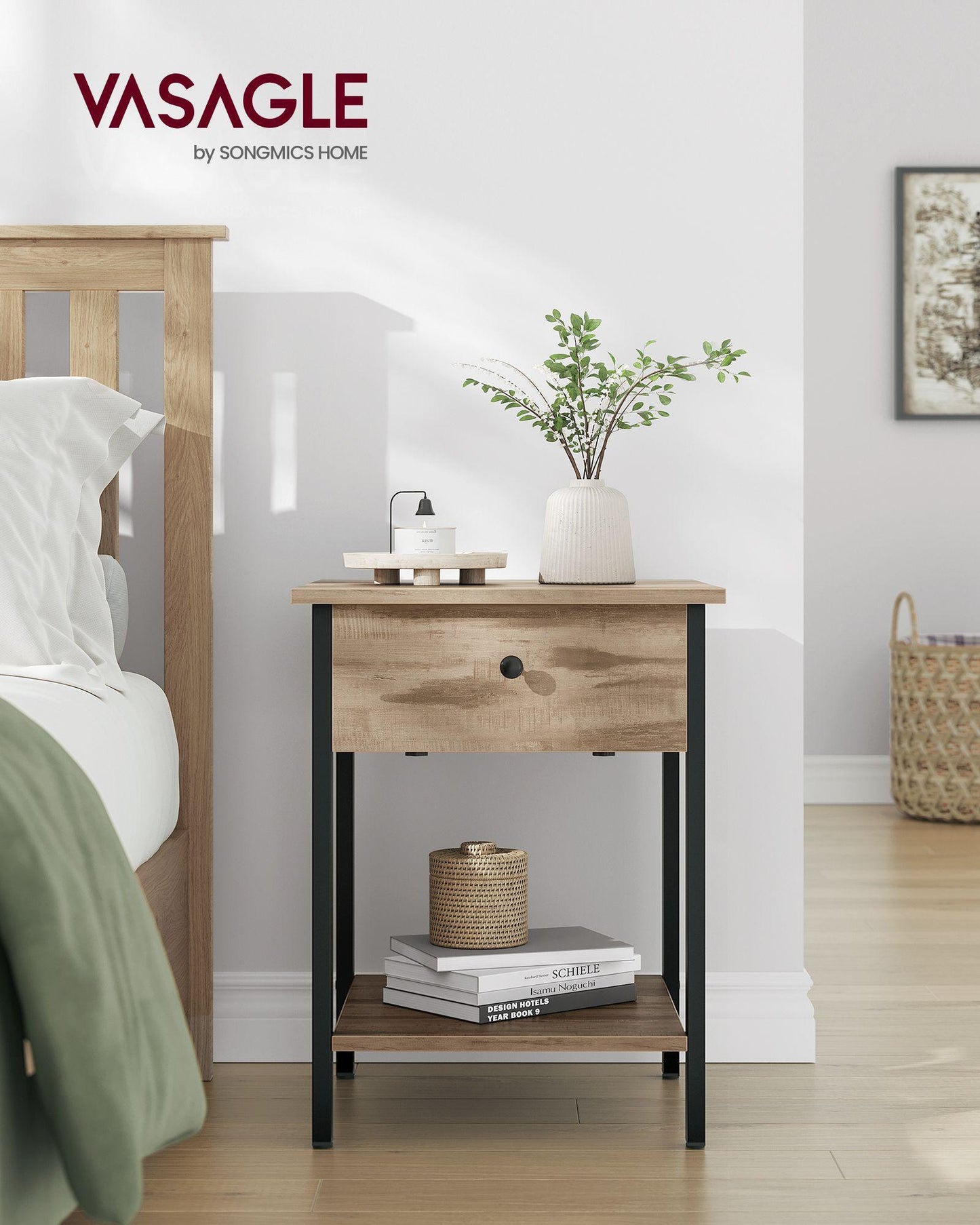Nightstand with Drawer and Shelf Camel Brown and Black FredCo