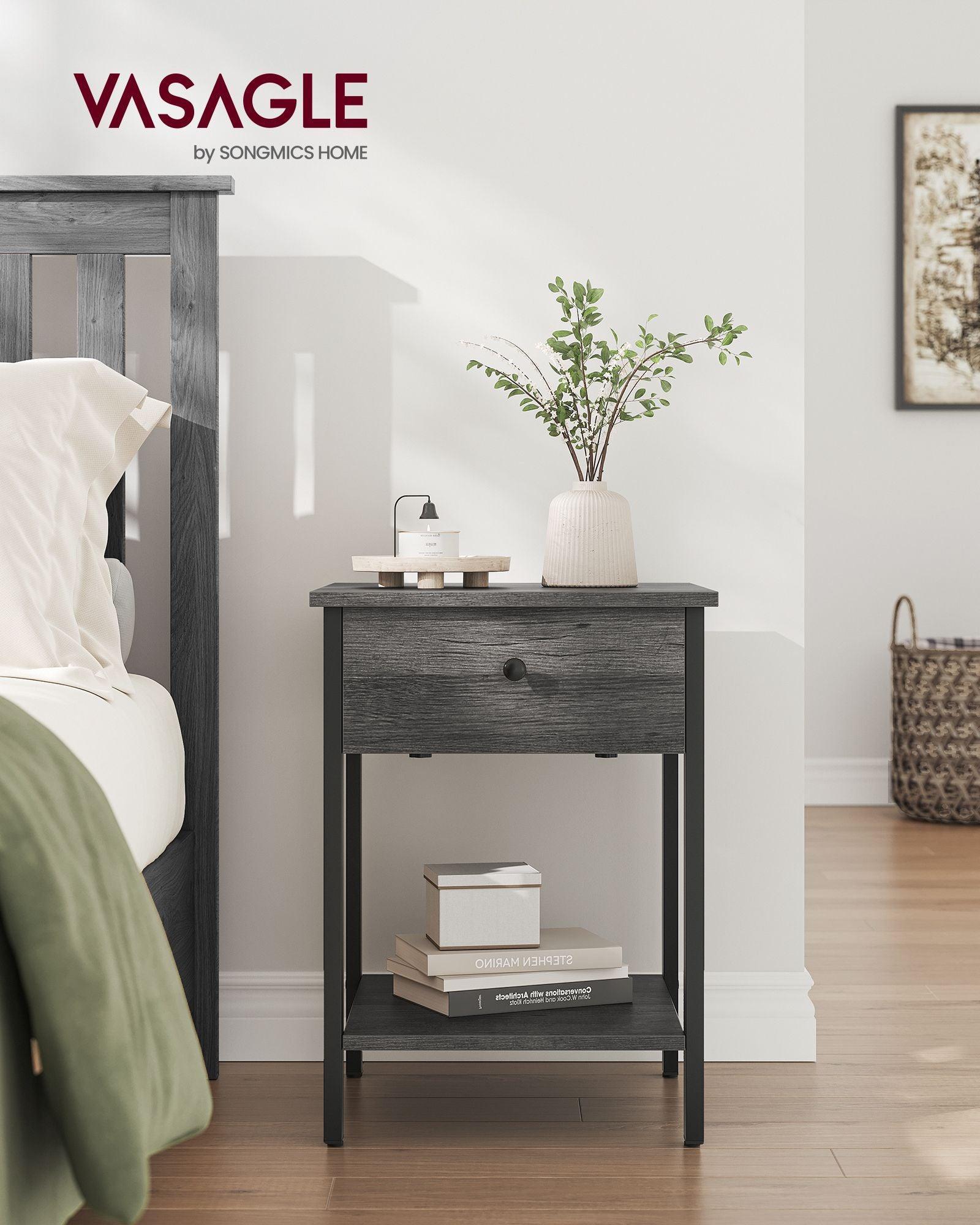 Nightstand with Drawer and Shelf Stone Gray and Black FredCo