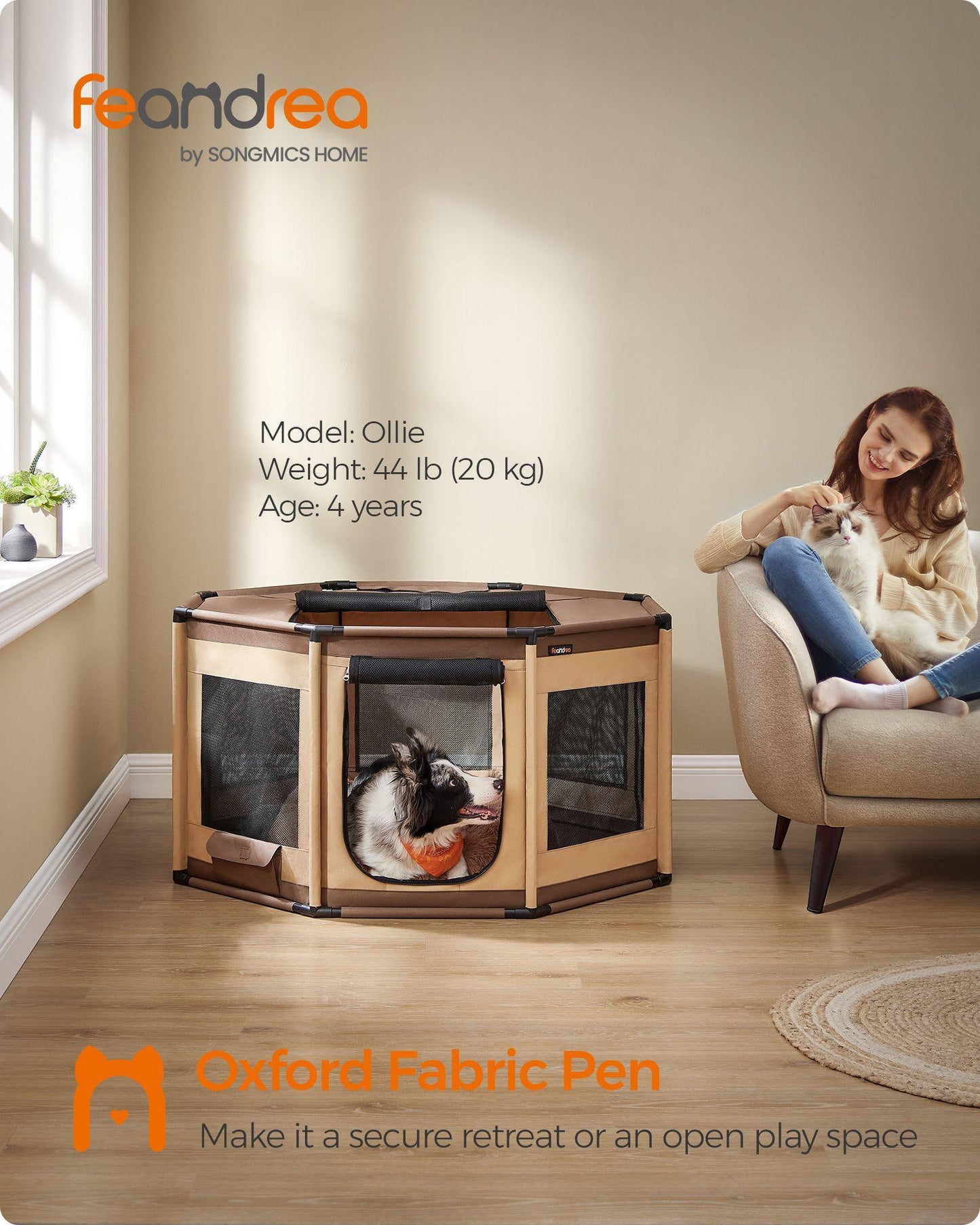 Octagon Dog Playpen L Walnut Brown and Camel Brown FredCo