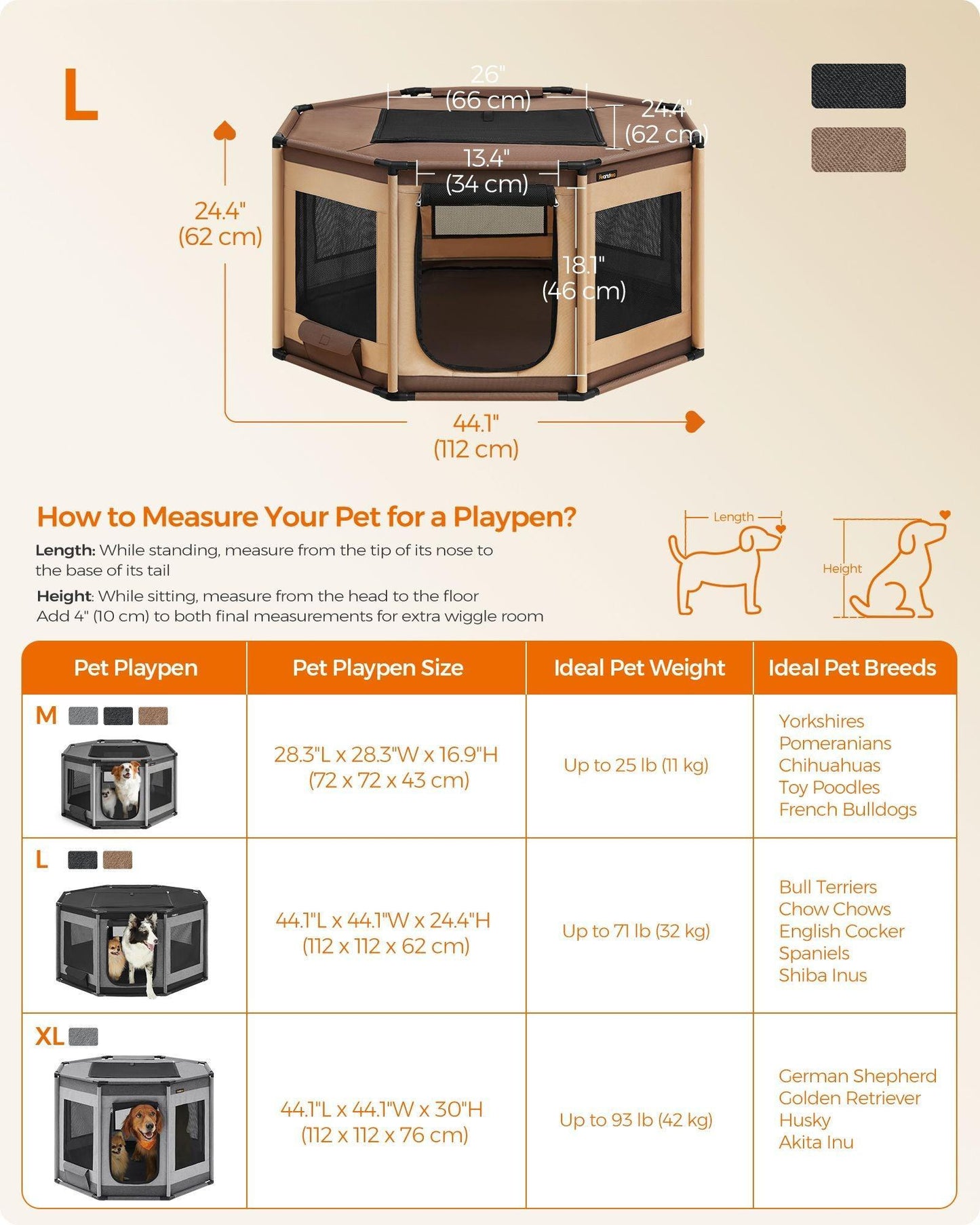 Octagon Dog Playpen L Walnut Brown and Camel Brown FredCo