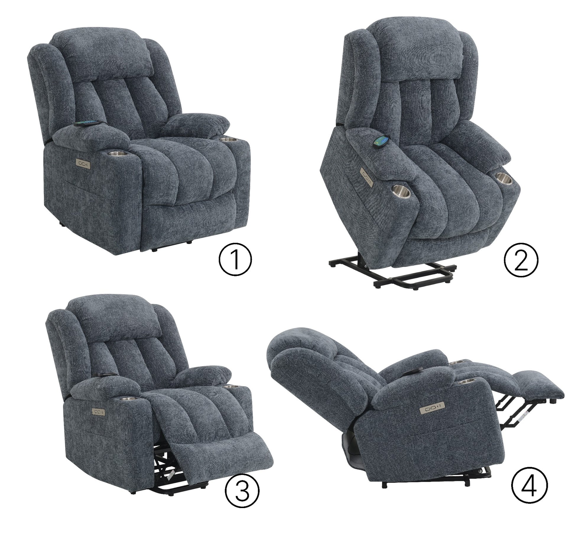 Omarion Blue Chenille Power Motion Recliner with Lift, Heating & Massage Function FredCo