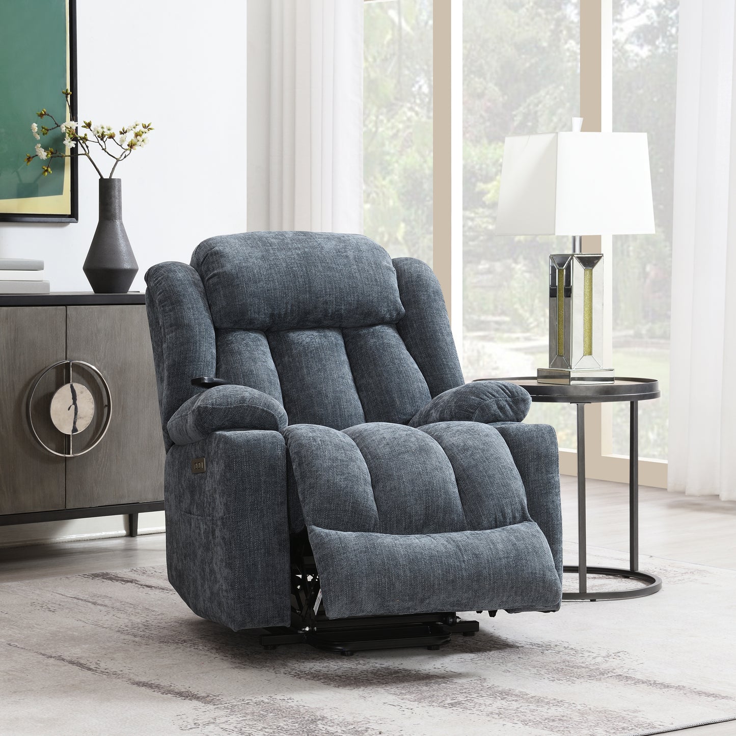 Omarion Blue Chenille Power Motion Recliner with Lift, Heating & Massage Function FredCo