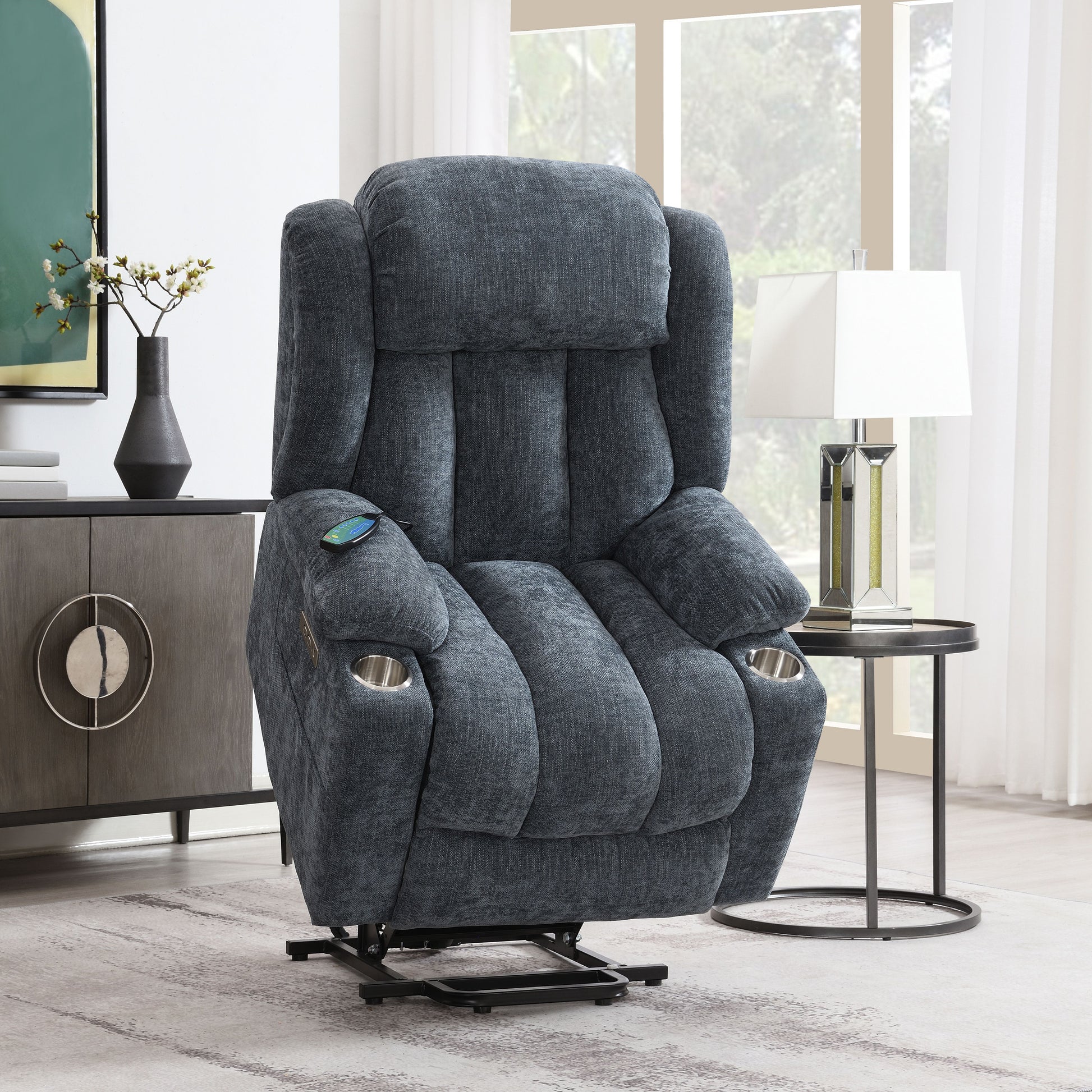 Omarion Blue Chenille Power Motion Recliner with Lift, Heating & Massage Function FredCo