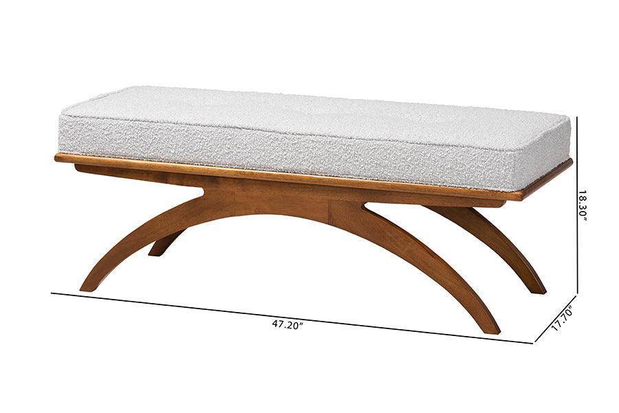Orella Japandi Light Grey Boucle Fabric and Walnut Brown Finished Wood Bench FredCo