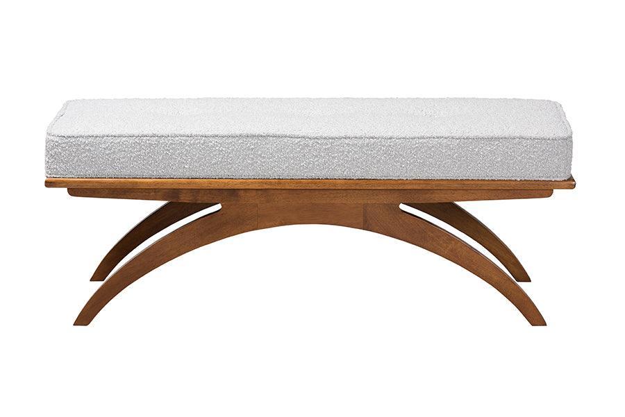 Orella Japandi Light Grey Boucle Fabric and Walnut Brown Finished Wood Bench FredCo