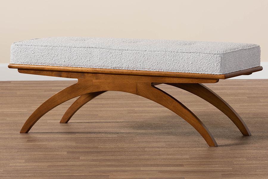 Orella Japandi Light Grey Boucle Fabric and Walnut Brown Finished Wood Bench FredCo