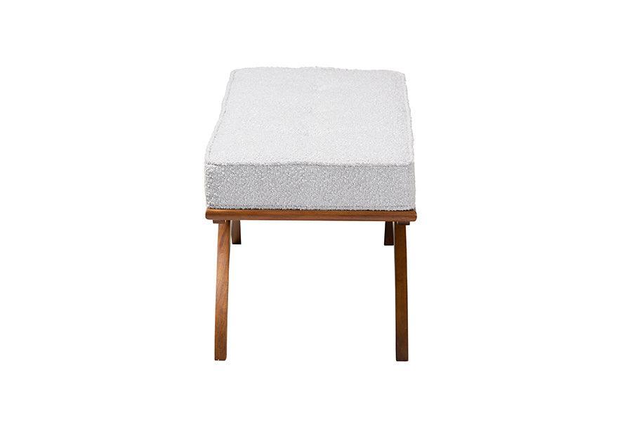 Orella Japandi Light Grey Boucle Fabric and Walnut Brown Finished Wood Bench FredCo