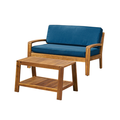 Wooden loveseat with blue cushions and matching coffee table, modern home furniture set