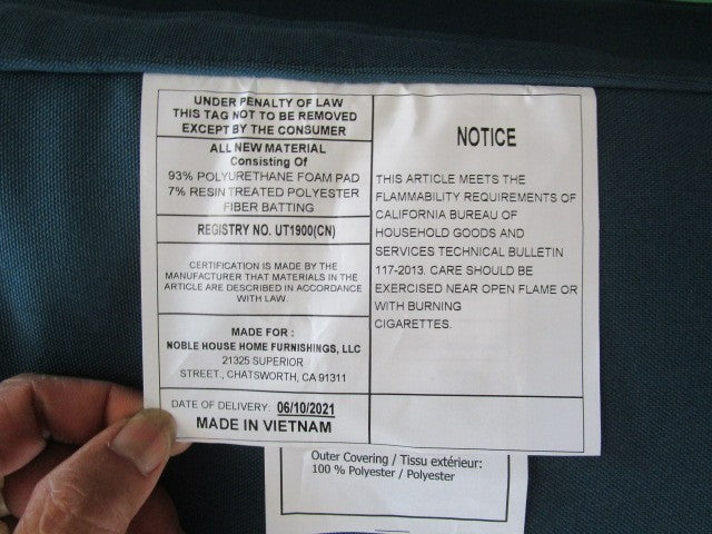 Furniture law label with material and safety information, made for Noble House Home Furnishings