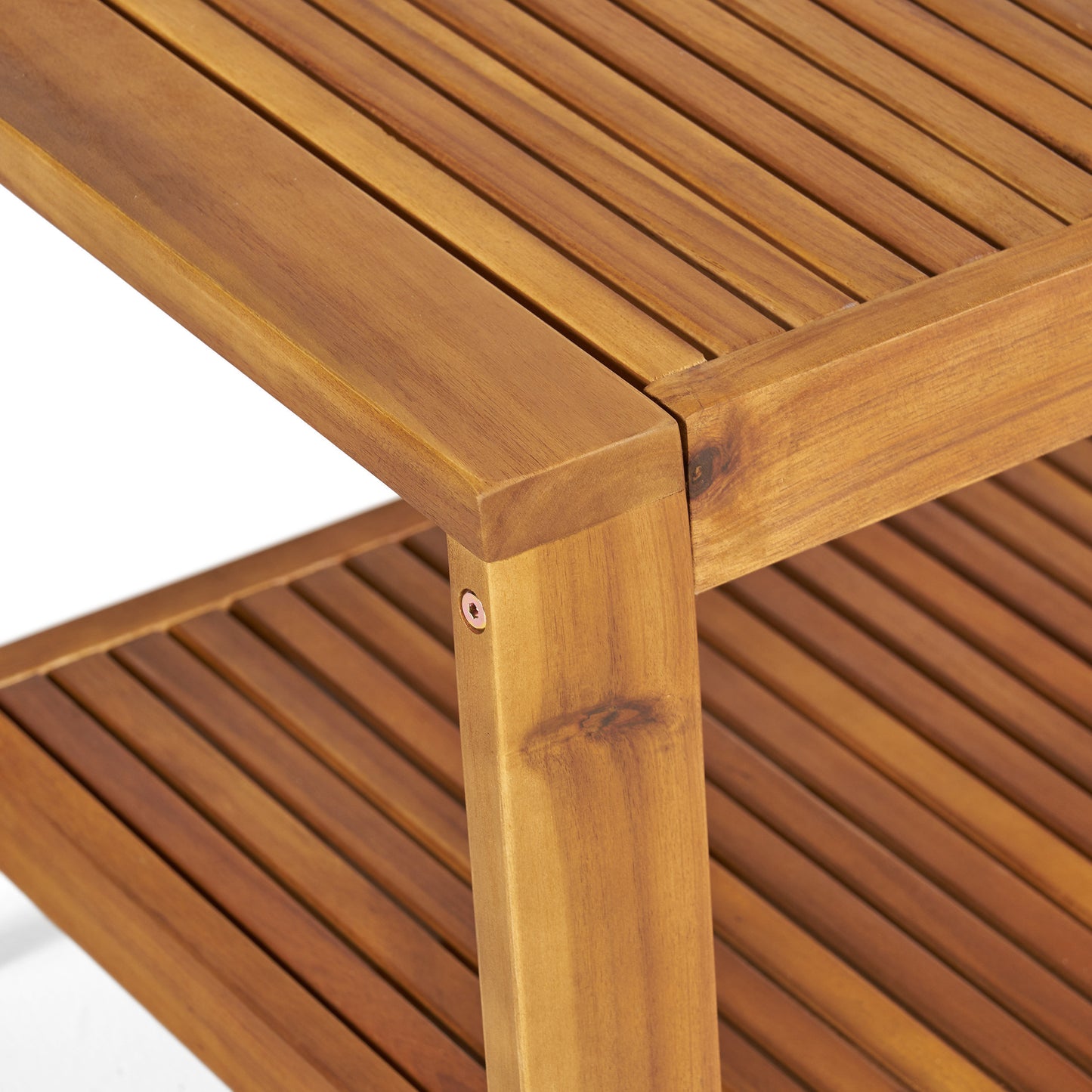 Detail of slatted wood shelving unit, modern home furniture from FredCo International