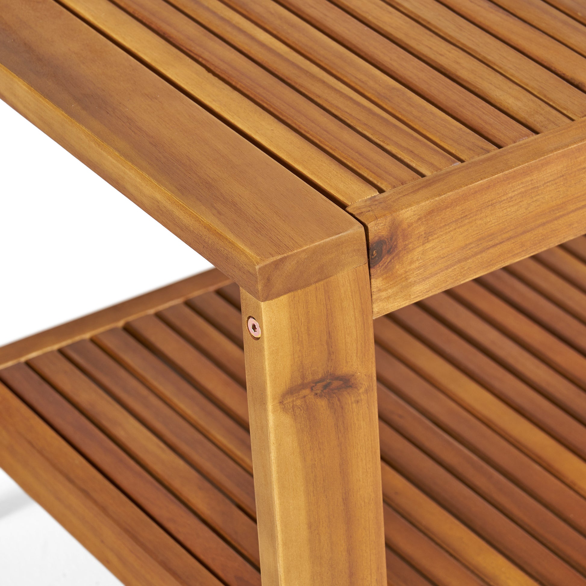 Detail of slatted wood shelving unit, modern home furniture from FredCo International