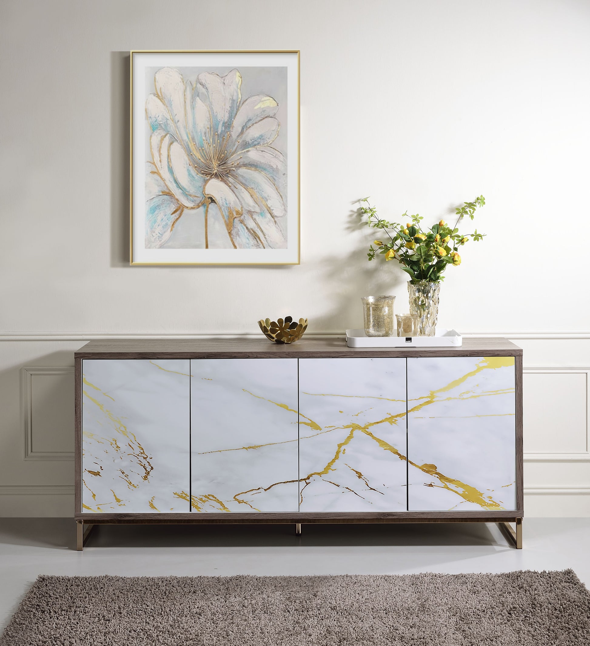Paavan White Marble Paint Oak & Champagne Finish Console Cabinet FredCo
