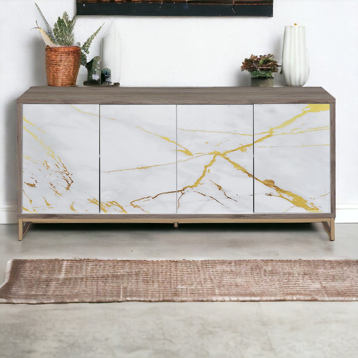 Paavan White Marble Paint Oak & Champagne Finish Console Cabinet FredCo