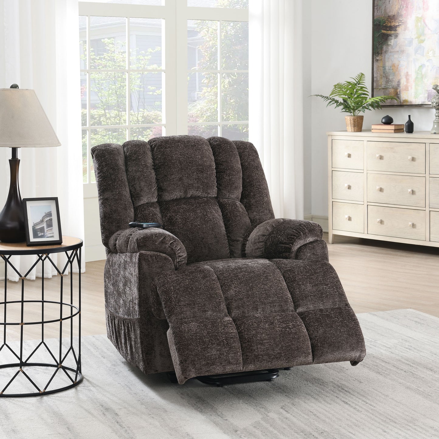 Pacay Brown Chenille Power Motion Recliner with Lift, Heating & Massage Function FredCo