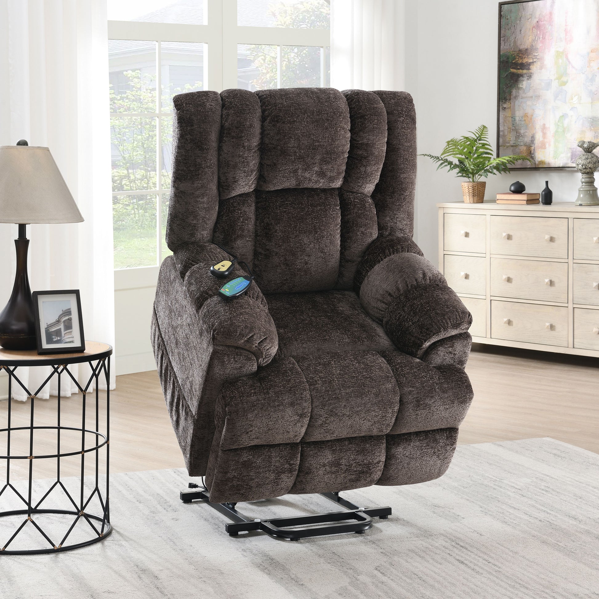 Pacay Brown Chenille Power Motion Recliner with Lift, Heating & Massage Function FredCo