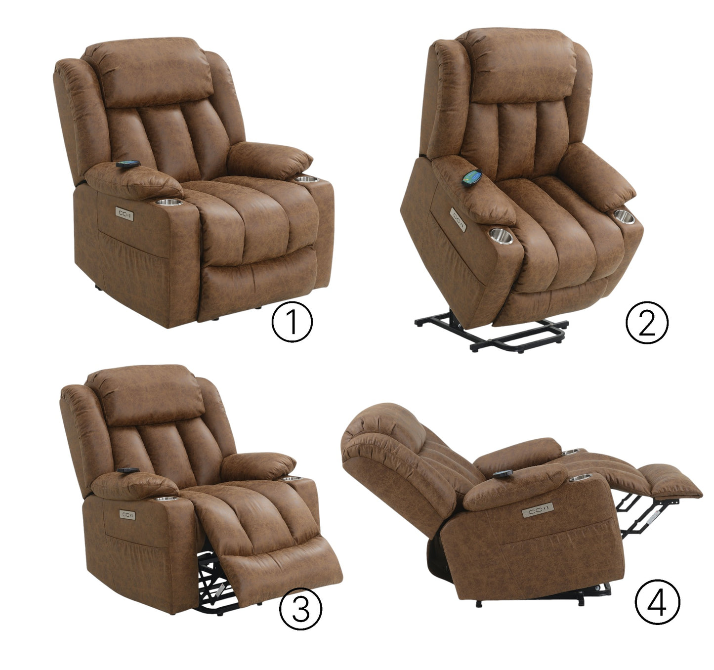 Pacay Brown Leather Aire Power Motion Recliner with Lift, Heating & Massage Function FredCo