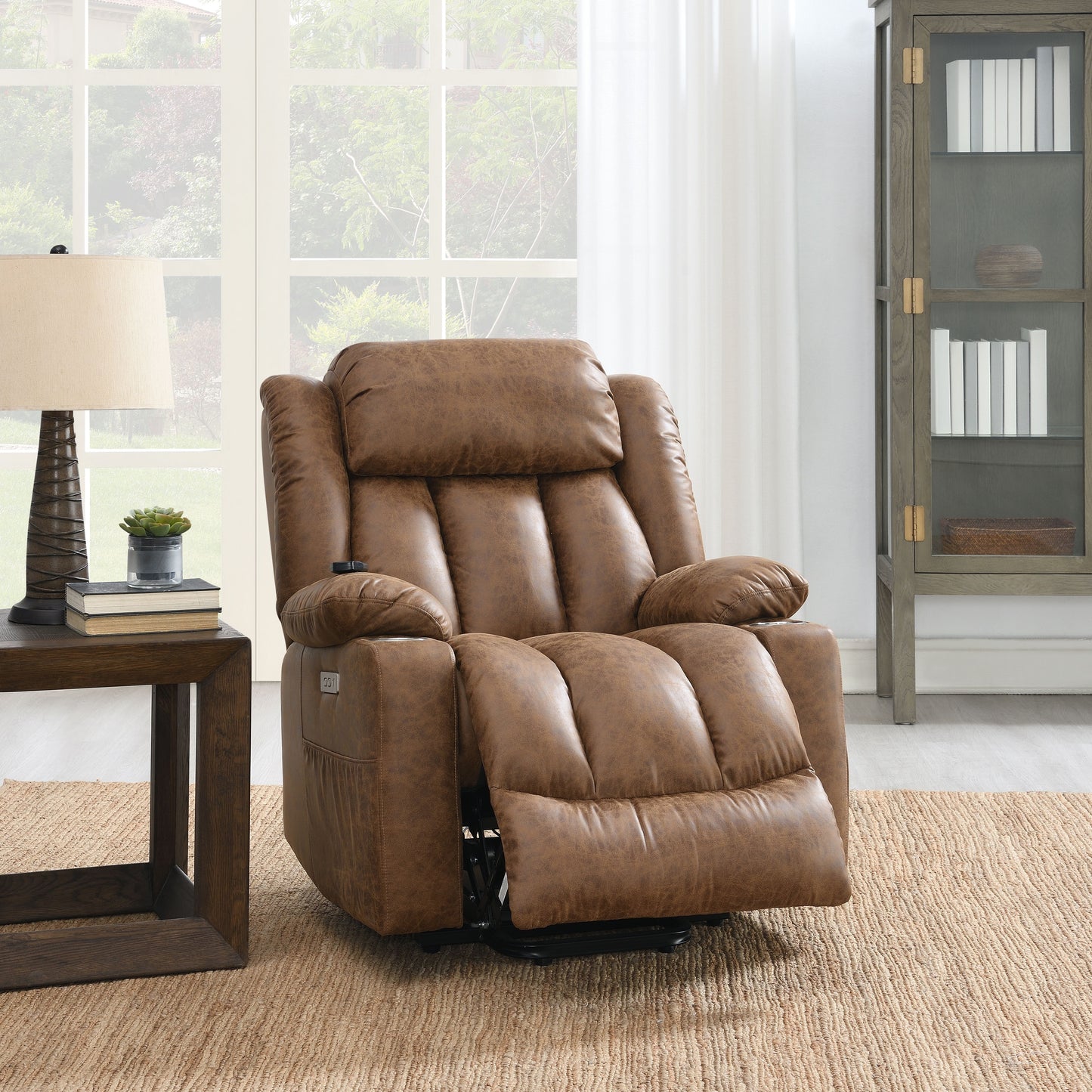 Pacay Brown Leather Aire Power Motion Recliner with Lift, Heating & Massage Function FredCo