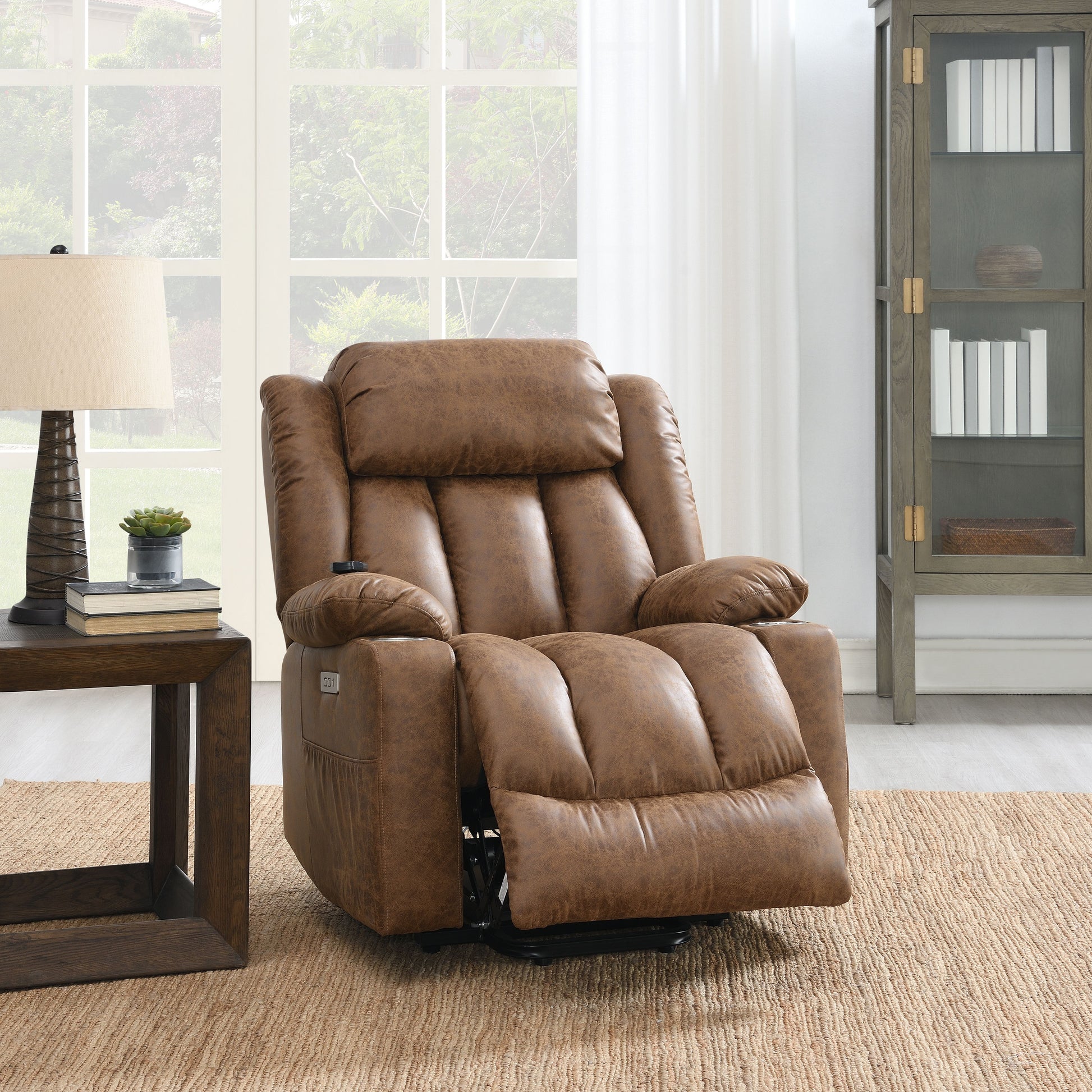 Pacay Brown Leather Aire Power Motion Recliner with Lift, Heating & Massage Function FredCo