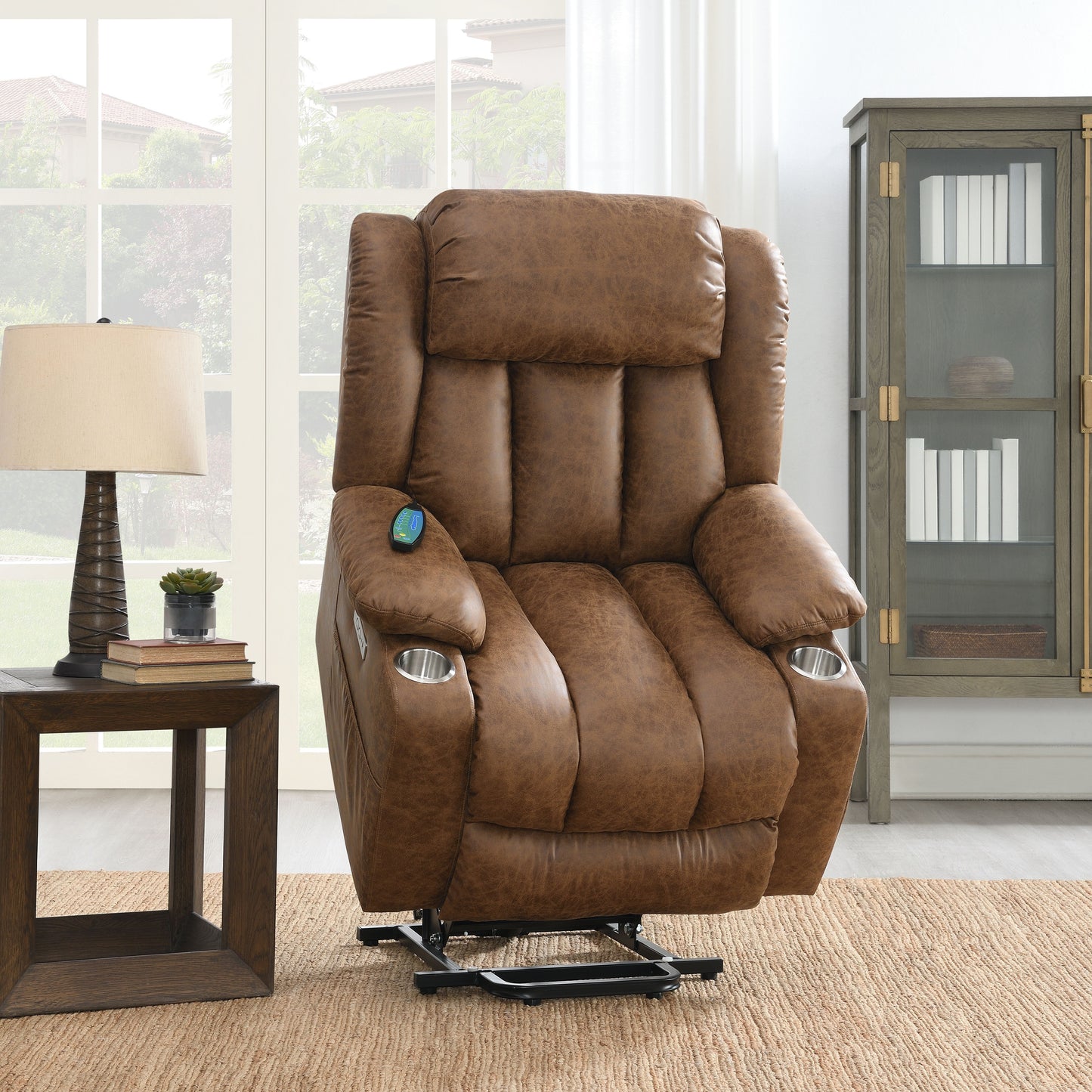 Pacay Brown Leather Aire Power Motion Recliner with Lift, Heating & Massage Function FredCo