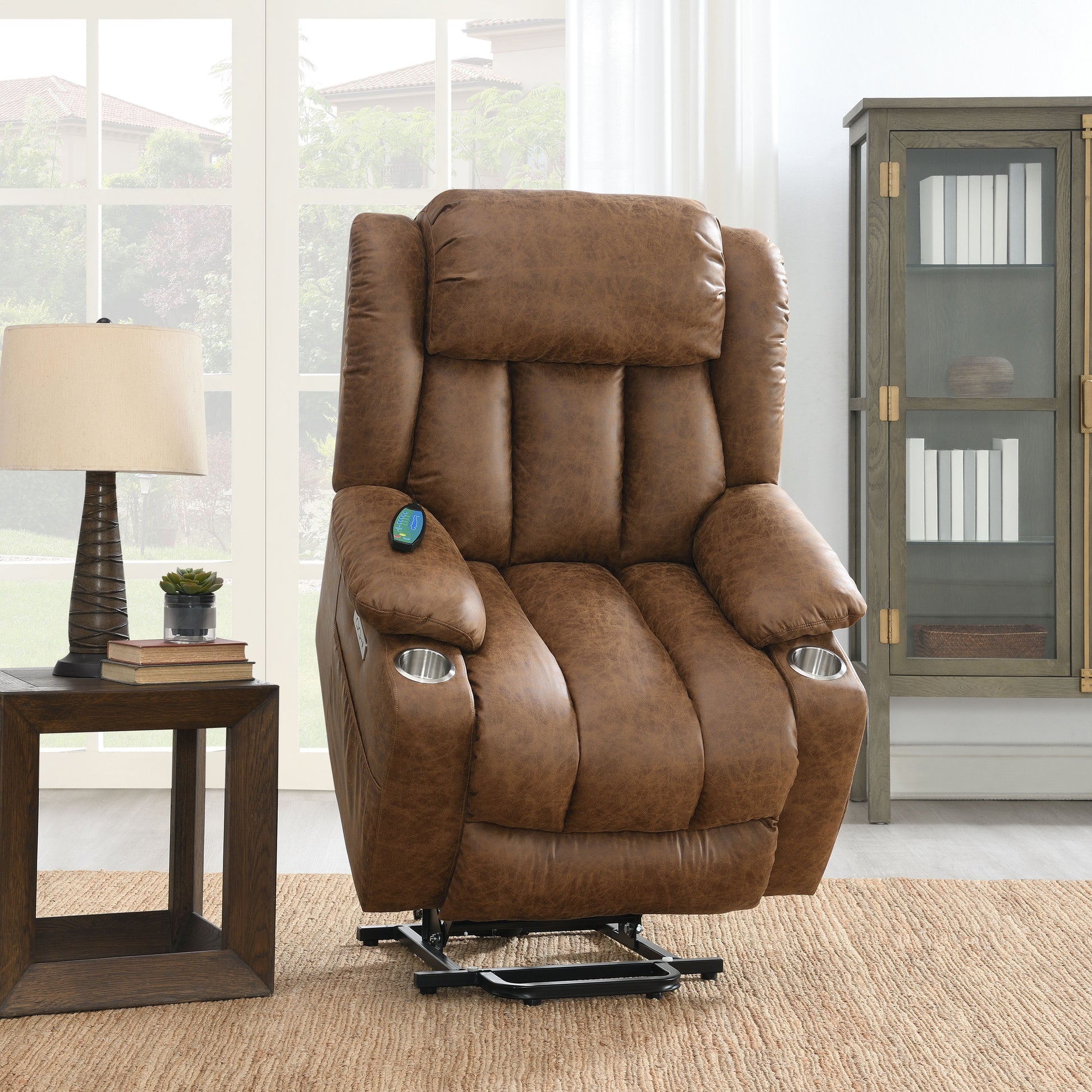Pacay Brown Leather Aire Power Motion Recliner with Lift, Heating & Massage Function FredCo