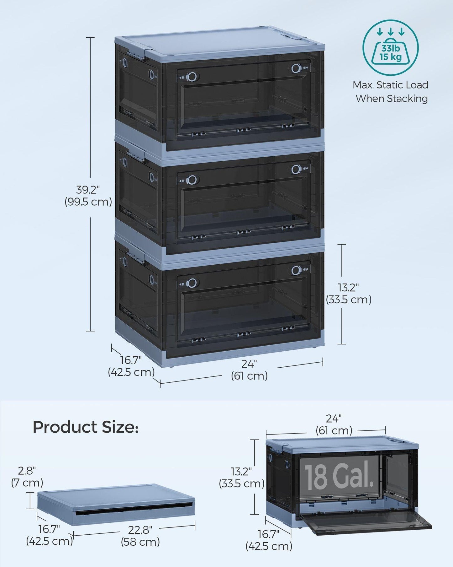 Pack of 3 Storage Bins 68L Blue and Gray FredCo