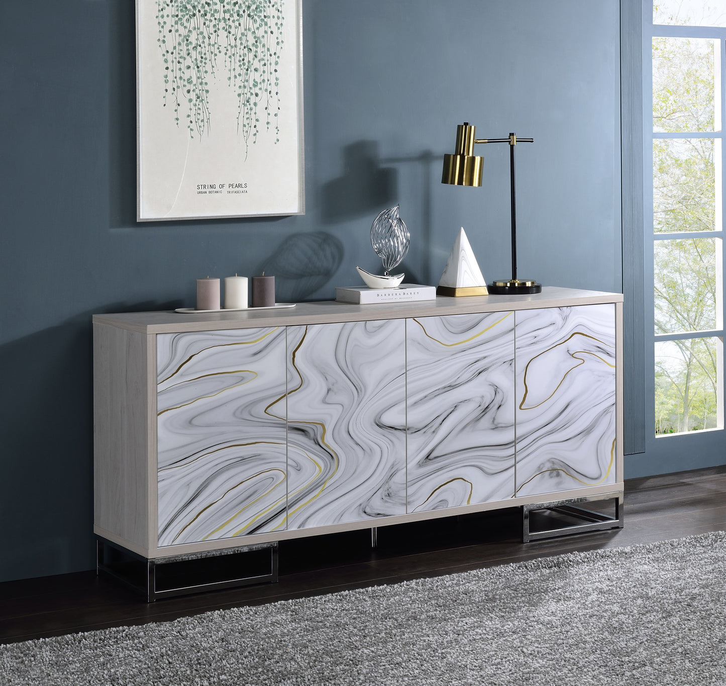 Panos White Marcle Paint & Chrome Finish Console Cabinet FredCo