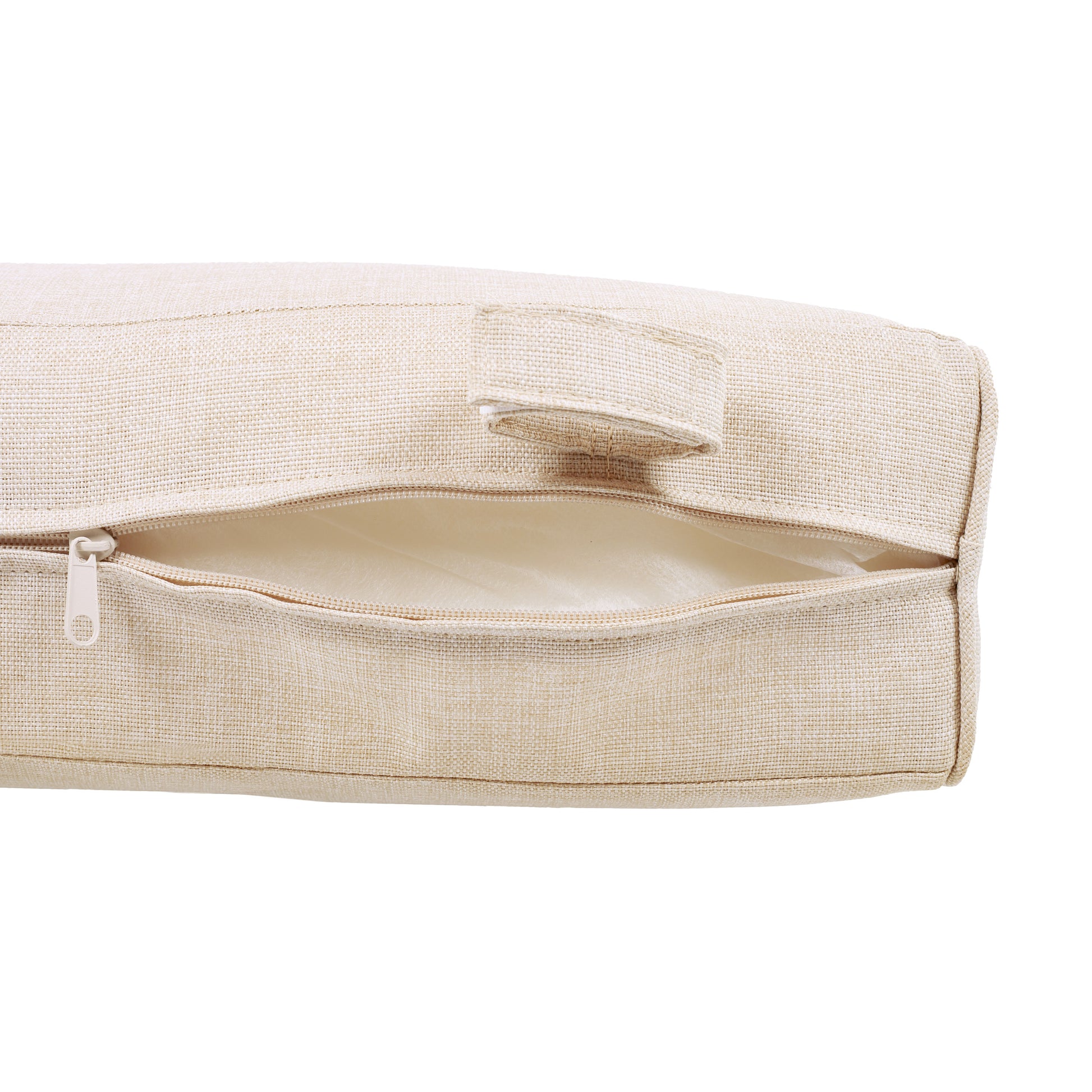 Close-up of beige fabric cushion cover with zipper, FredCo International furniture accessory