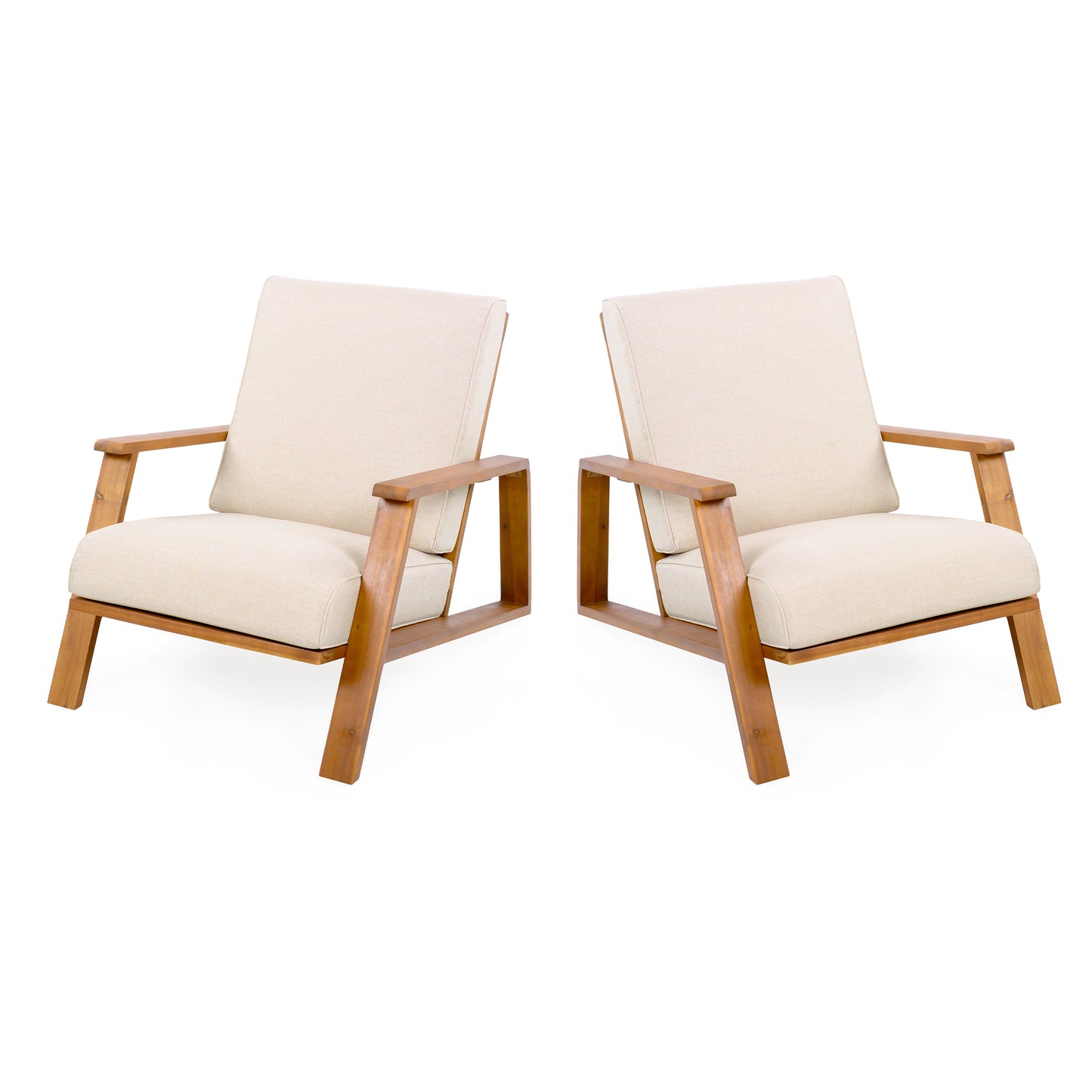 Pair of modern beige upholstered lounge chairs with wooden frames, FredCo furniture