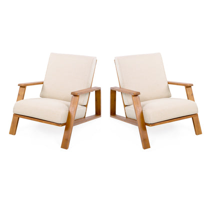 Pair of modern beige upholstered lounge chairs with wooden frames, FredCo furniture