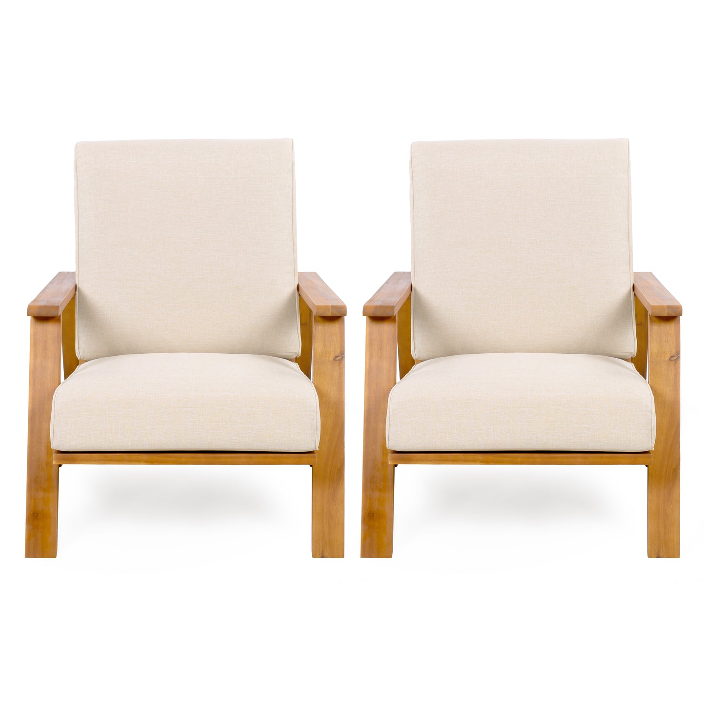 Pair of modern wooden armchairs with beige cushions, FredCo International furniture