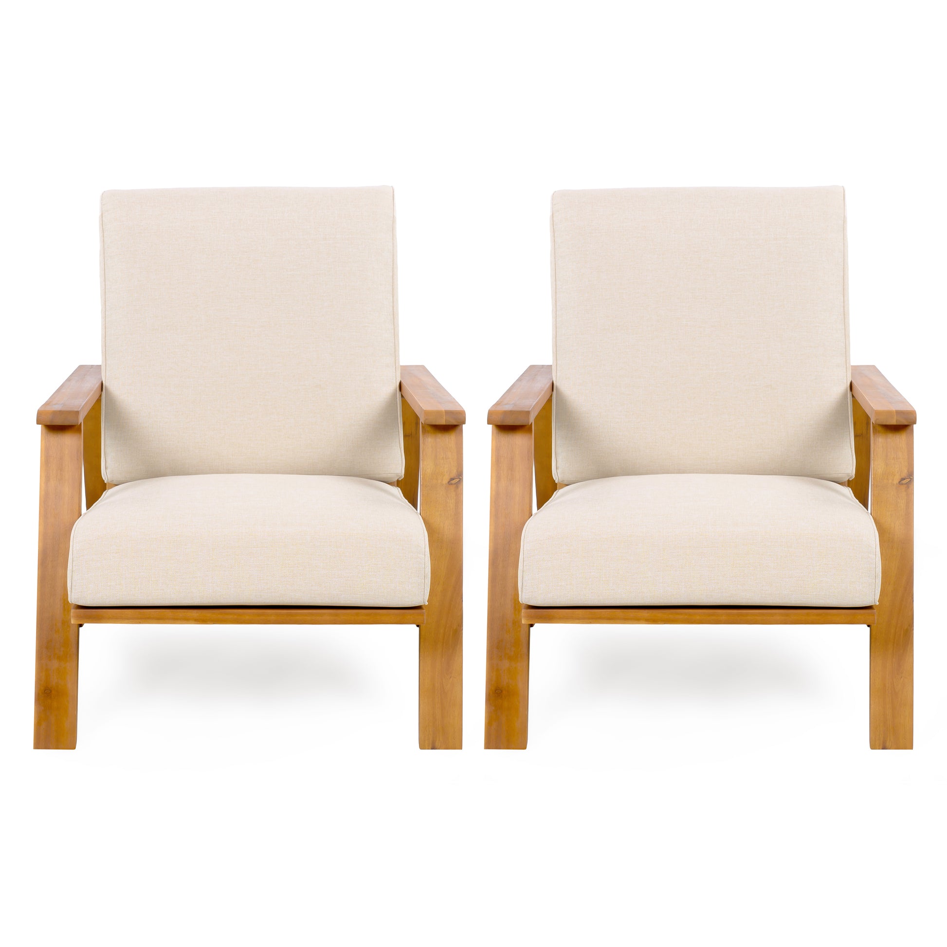 Pair of modern wooden armchairs with beige cushions, FredCo International furniture