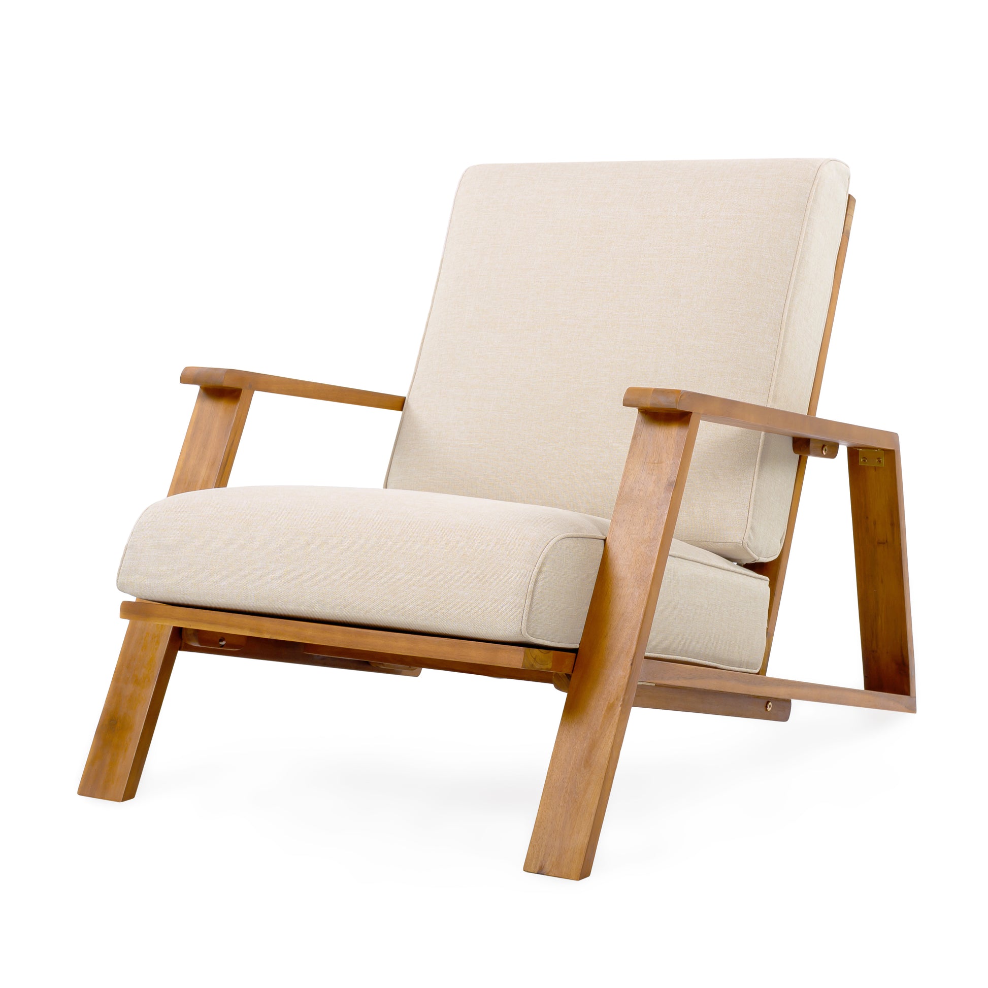Modern beige upholstered armchair with wooden frame, FredCo International furniture