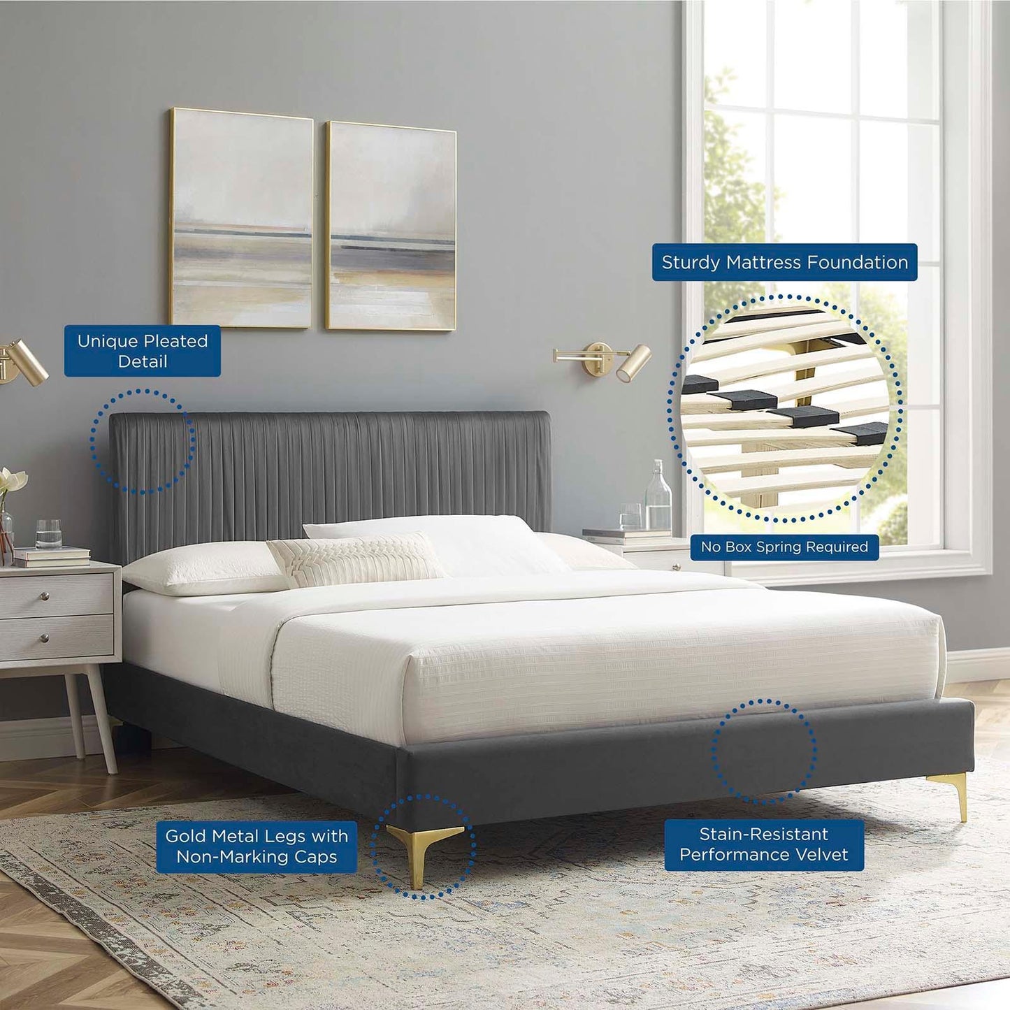 Peyton Performance Velvet Queen Platform Bed, MOD-6595 FredCo